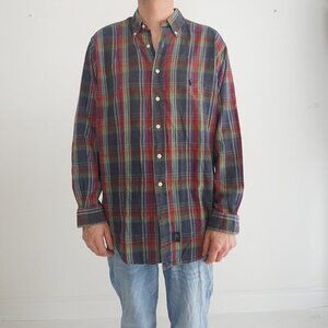 Vintage '90S Polo Ralph Lauren Navy Red Plaid Button Down Dress Shirt Medium